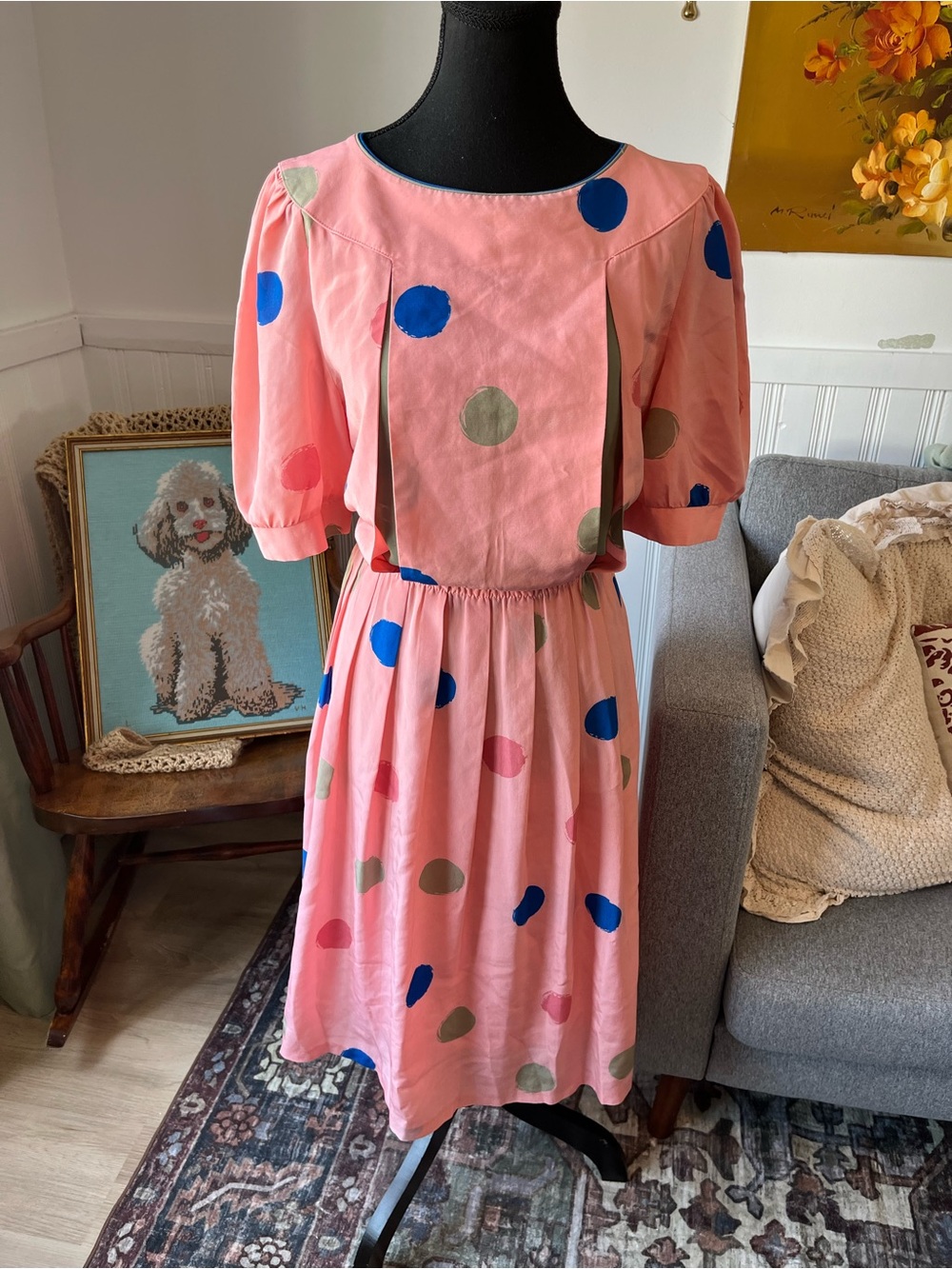 Women’s Vintage Nina Pink Midi Dress with Blue, Green and Coral Polka Dots M